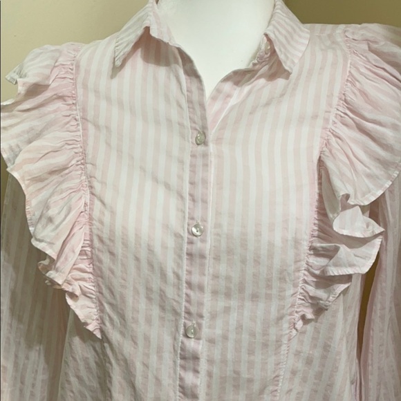 nwot Noisy May Pink White Stripes Frill Button Down Shirt US S - Picture 2 of 7